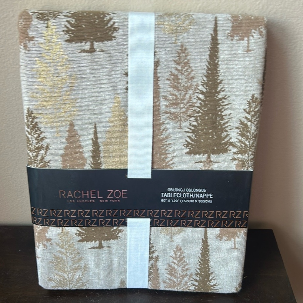 Rachel Zoe Christmas Tablecloth 60”x120” Evergreen Trees Beige Gold
